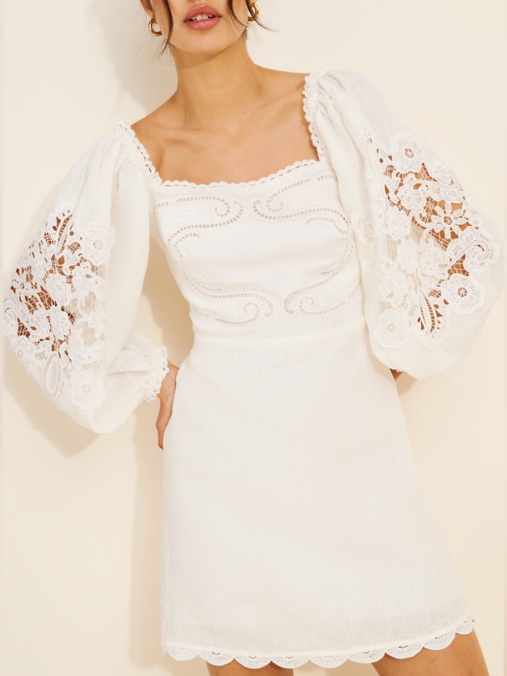 FARM Rio White Mini Dress with Lace Balloon Sleeves